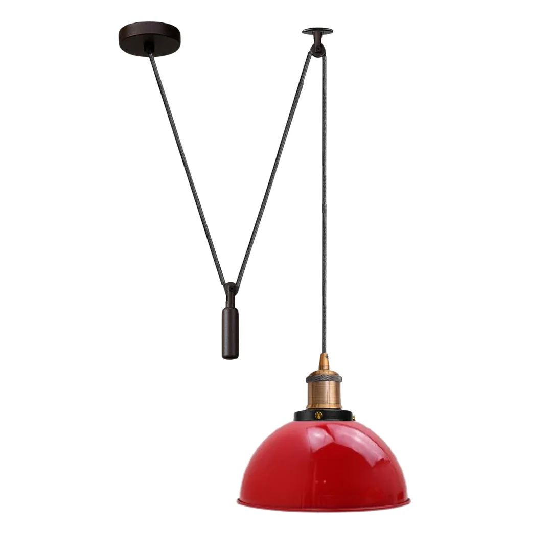 Adjustable industrial pendant light in black metal with pulley, translucent 21 cm lampshade, E27 socket.
