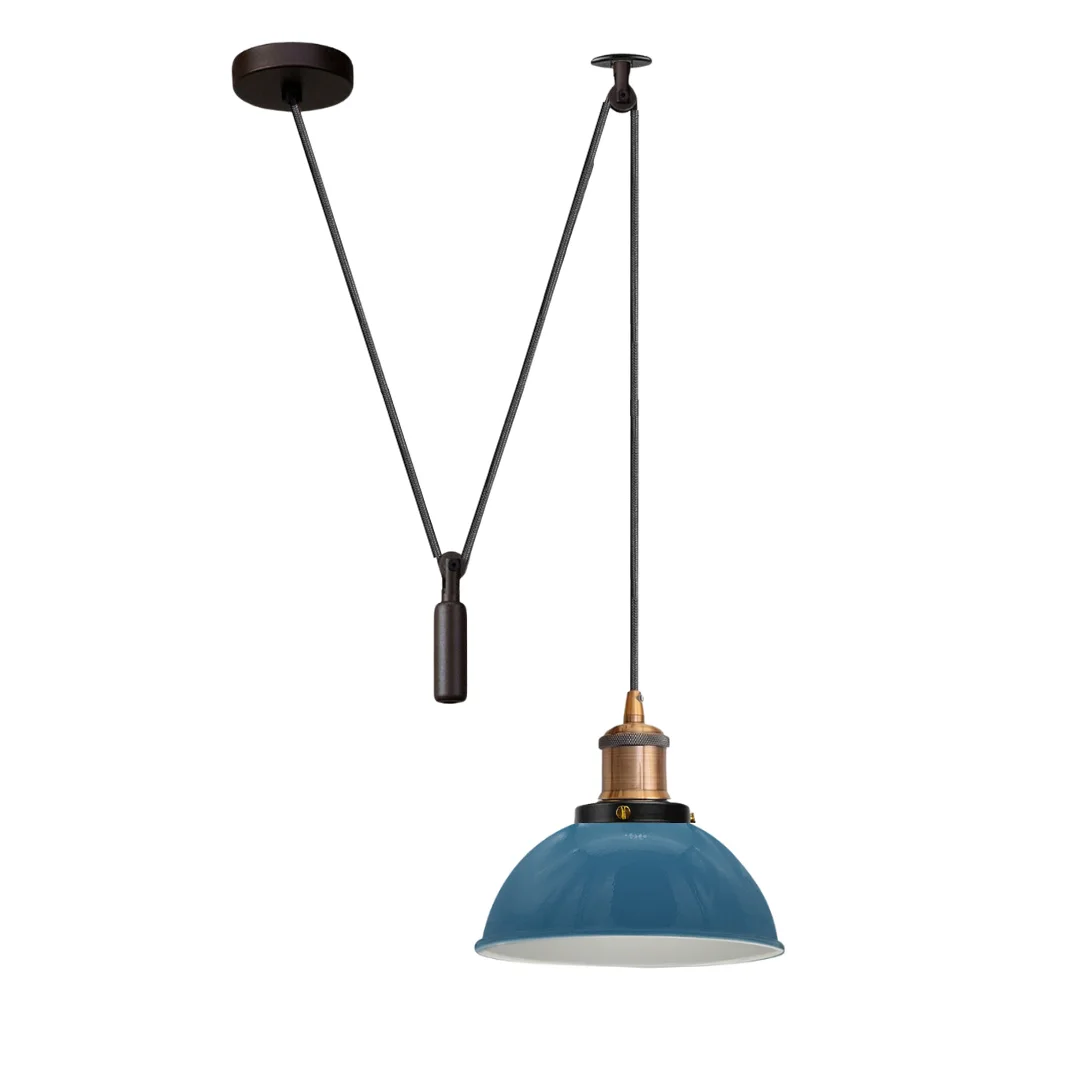 Black metal adjustable pendant light with threaded pulley, 21cm shade hanging from 200cm cable