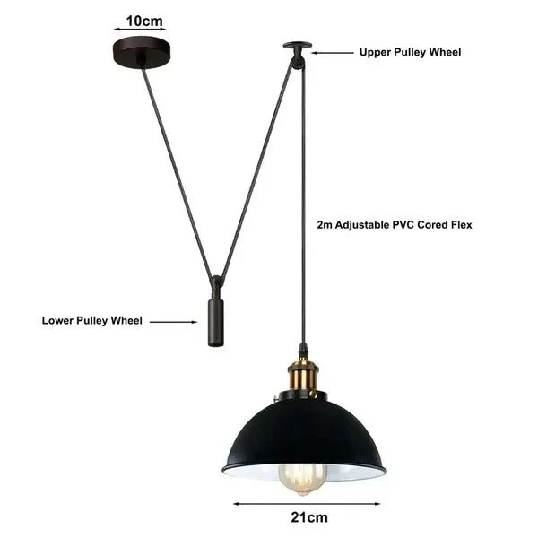 Black metal E27 pendant light with pulley design, 200cm cable, and 10cm ceiling plate for indoor use