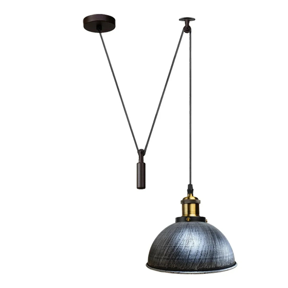 Black metal pulley pendant light with 200cm cord, E27 holder, and round ceiling plate on white background