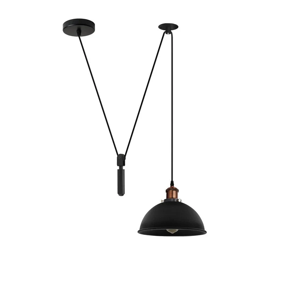 Black metal pulley pendant light with 200cm cable, E27 holder, and round ceiling plate against white background