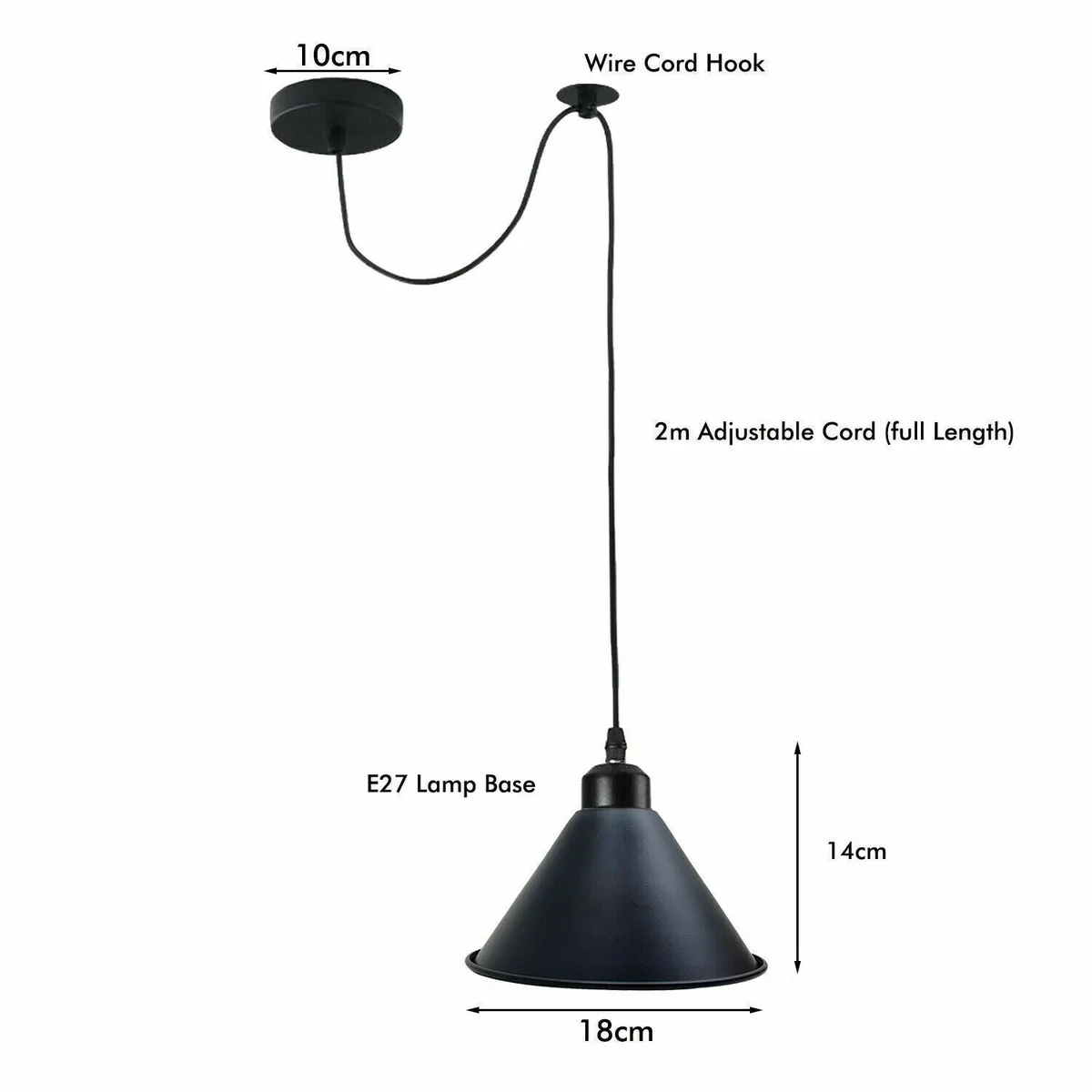 Black metal pendant light with E27 holder, 200cm cable, round ceiling plate, and wire cord hook included