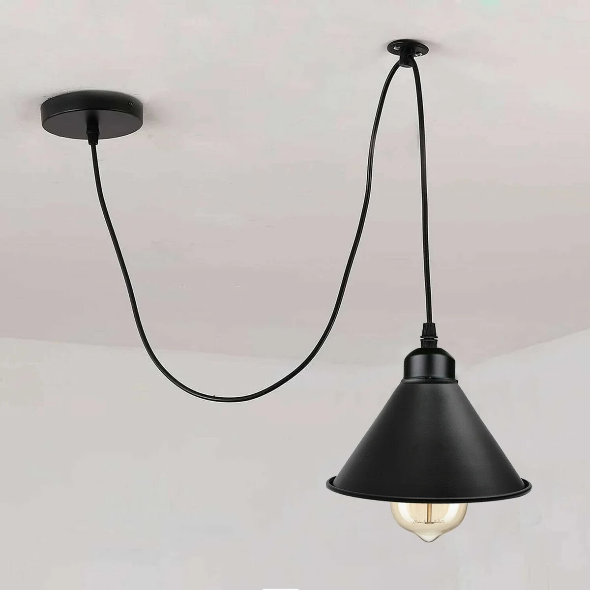 Black ceiling light with metal pulley wheel design, E27 socket, and 200cm cable hanging against white background
