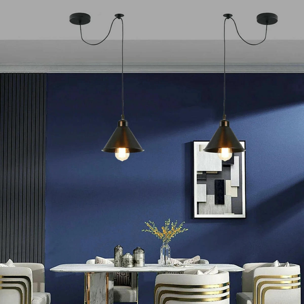 Black metal space saving pendant light with E27 holder, 200cm cable, and round ceiling plate hanging indoors
