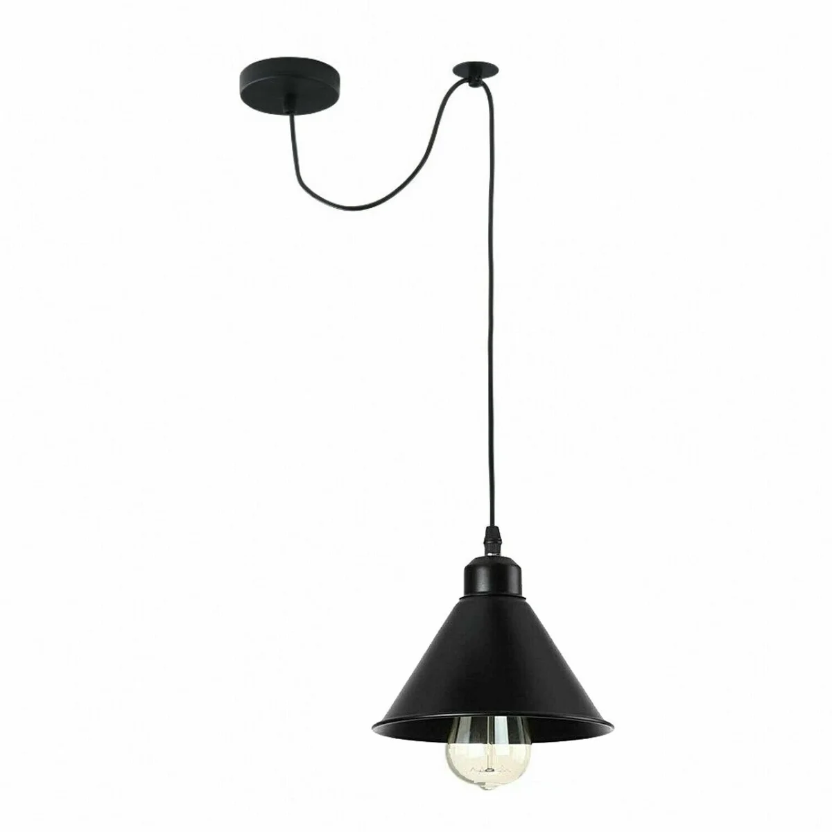 Black metal E27 pulley wheel pendant ambient lighting fixture with 200cm cable and ceiling plate against white background