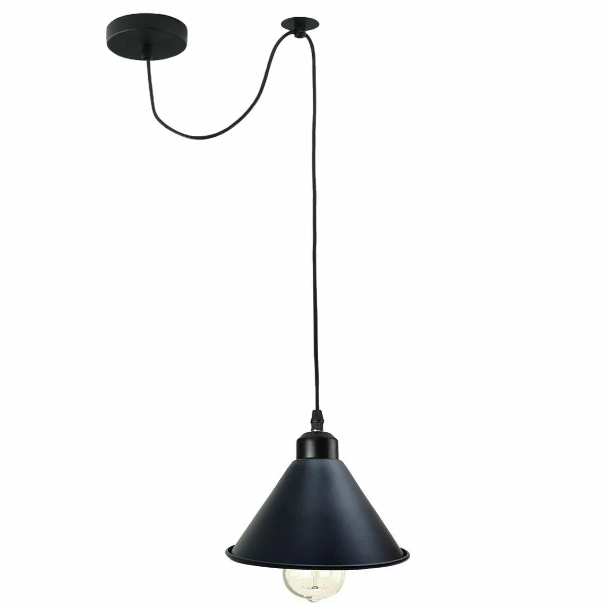 Black metal eye caring pendant light with E27 holder, 200cm cable, and round ceiling plate against white background