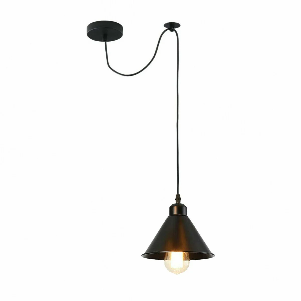 Black E27 pendant light fitting with metal pulley wheel, 200cm cable, and round ceiling plate on white background