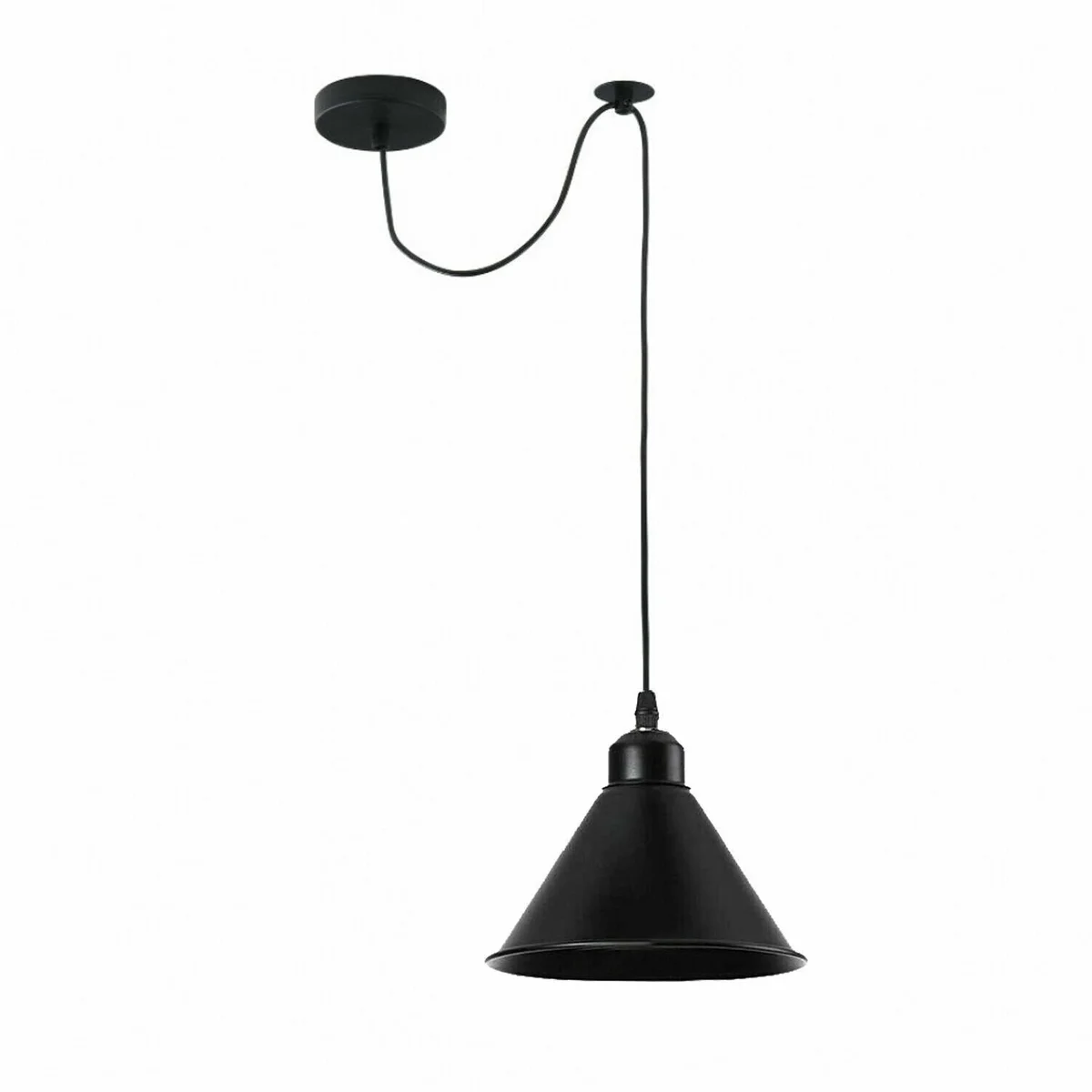 Black E27 pendant light fitting with metal pulley wheel, 200cm cable, and round ceiling plate against white background