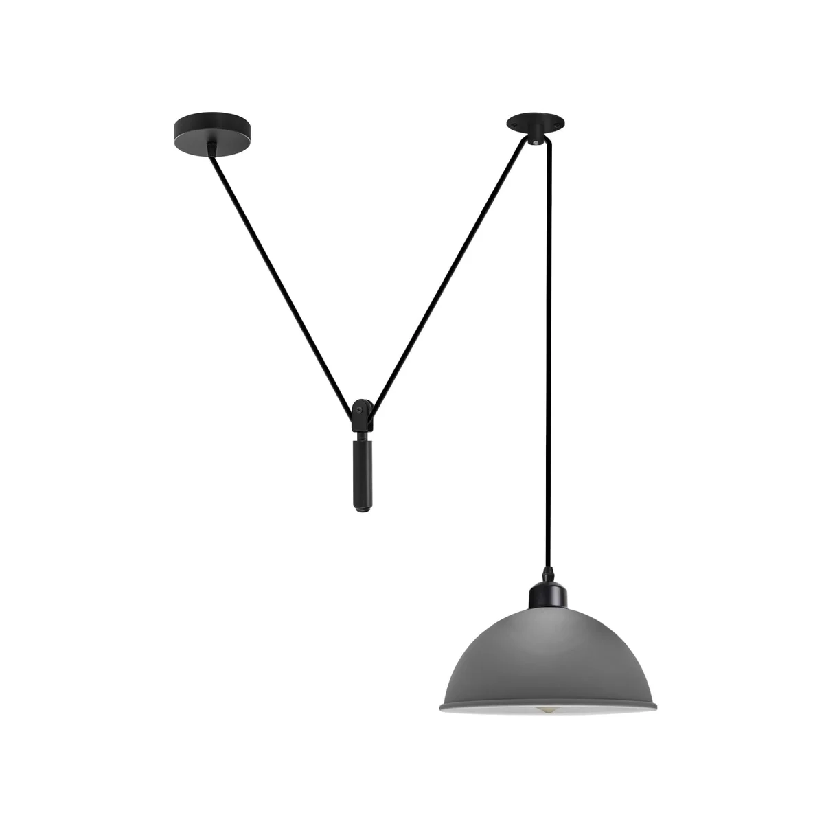 Grey industrial adjustable pulley light with metal finish and corded electric power, vintage retro wall lamp design