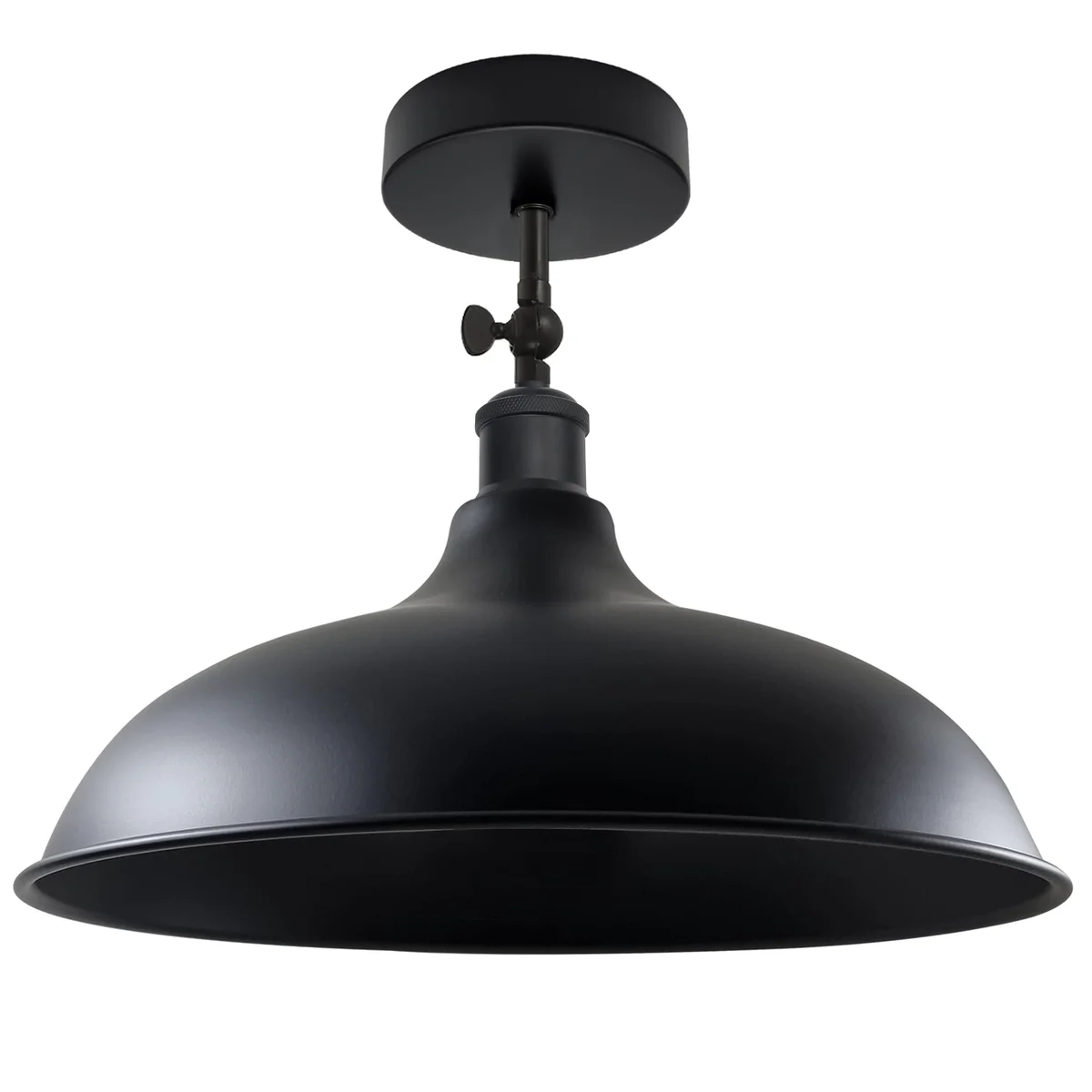 Black industrial ceiling light fixture with adjustable angle, metal construction, and vintage design flush mounted on ceiling