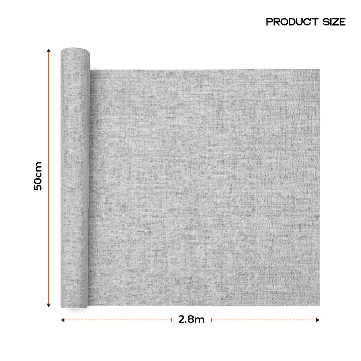 Roll of light gray self adhesive wallpaper with a textured faux linen finish on a white background