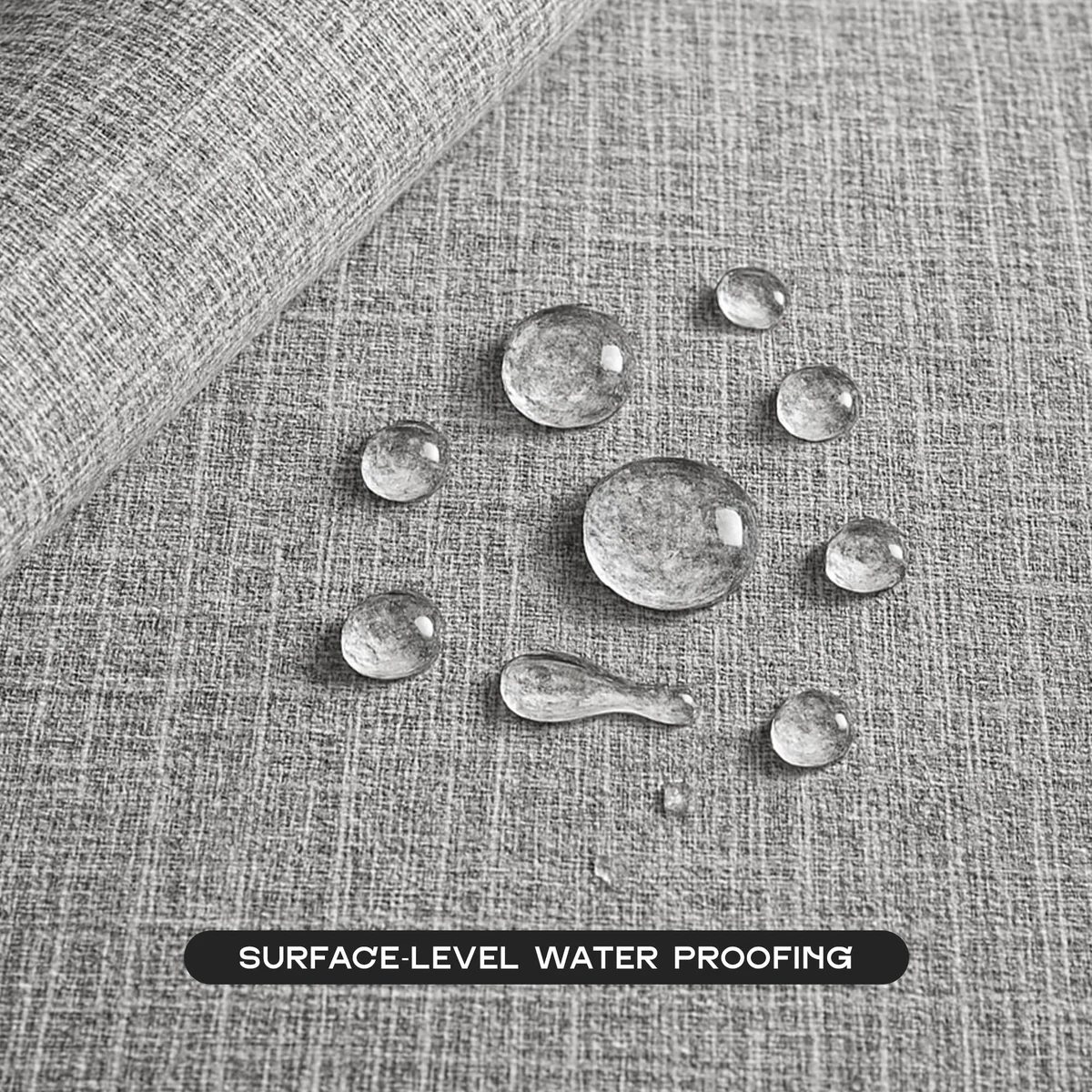 Roll of light gray faux linen wallpaper with textured surface and peel-and-stick backing on a white background