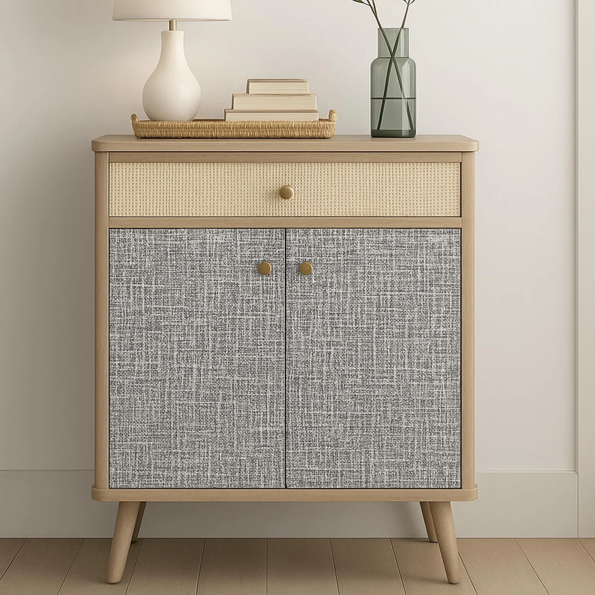 Close-up of light gray waterproof peel and stick wallpaper with textured faux linen finish on smooth wall surface