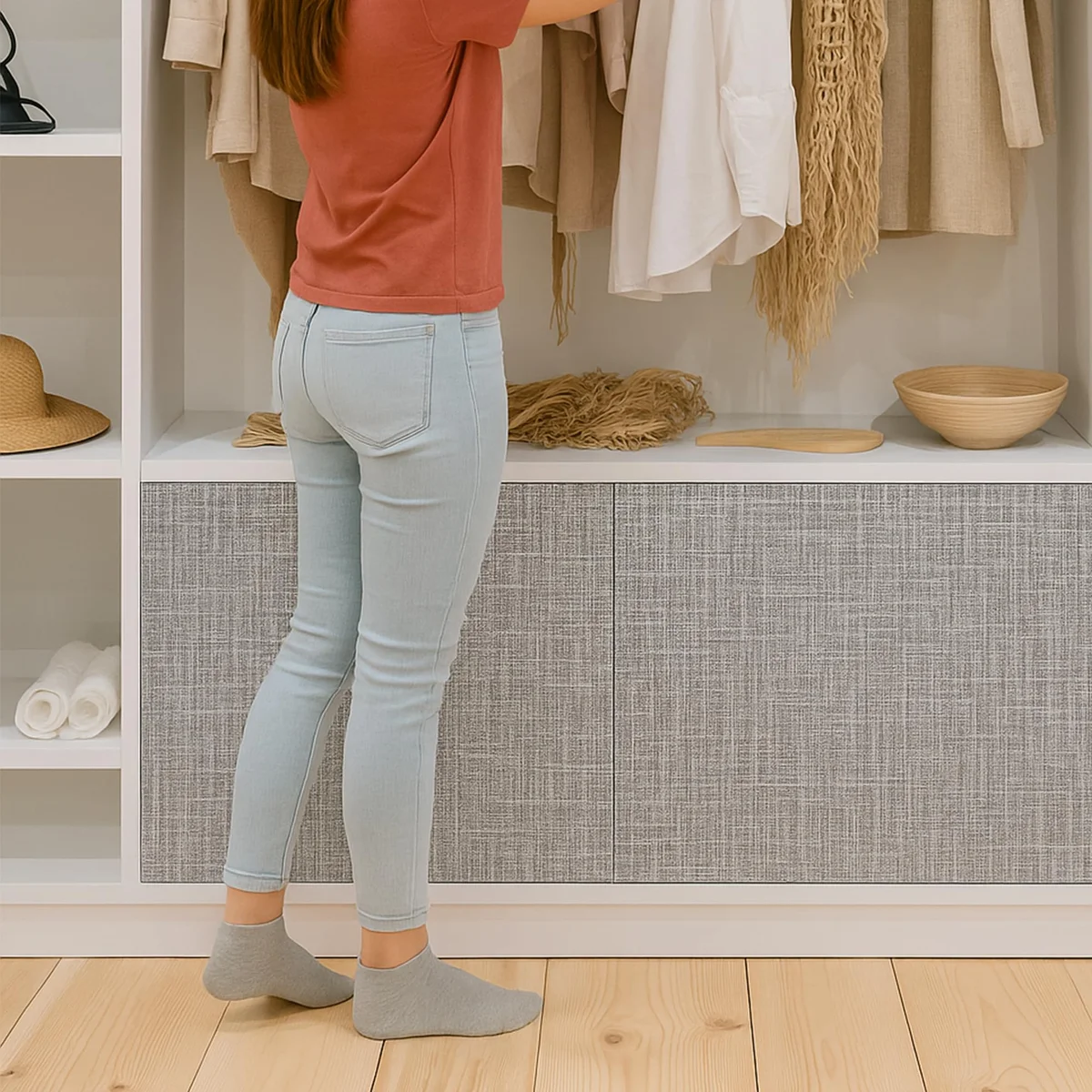 Light gray faux linen textured peel and stick wallpaper roll showing easy install wallpaper application on smooth wall surface