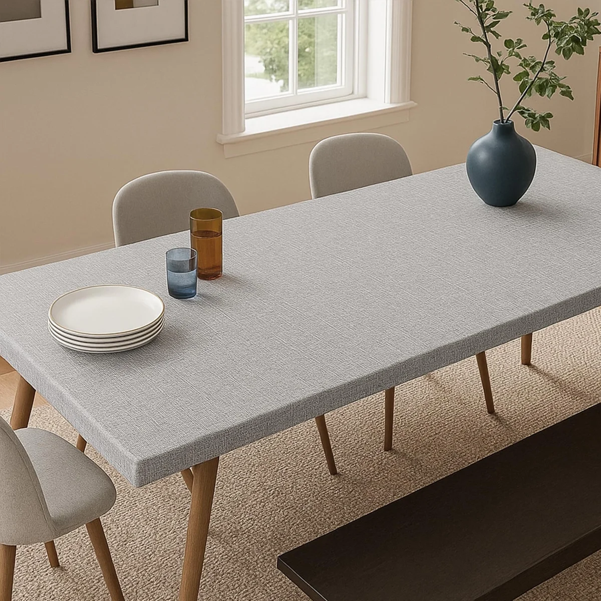 Roll of grey peel and stick wallpaper with light grey faux linen texture on a smooth surface background