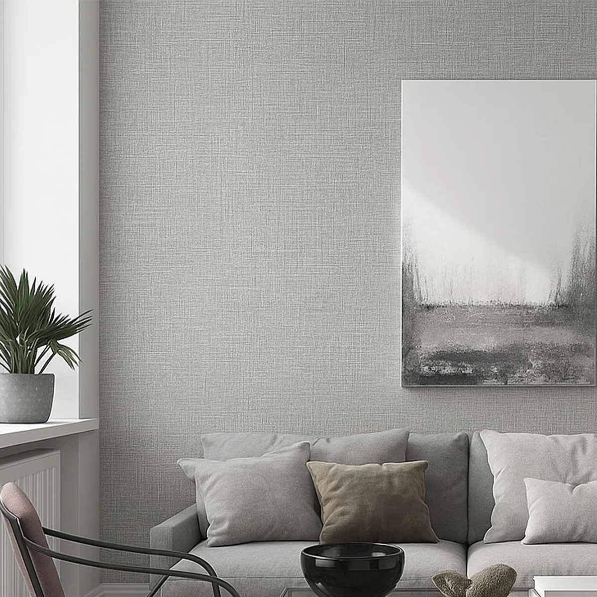 Roll of grey peel and stick wallpaper with a textured faux linen surface, partially unrolled on a white background