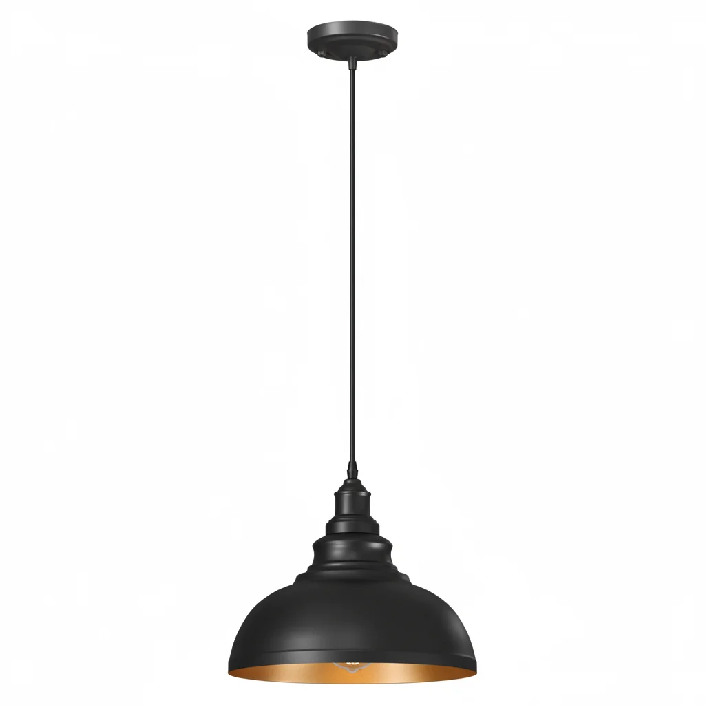 Black metal adjustable pendant light with E27 bulb, hanging from ceiling, modern industrial style, 95cm length.