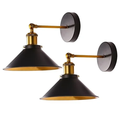 Pair of black industrial wall sconces with sleek modern design and LED light fixtures, wall-mounted for ambient lighting