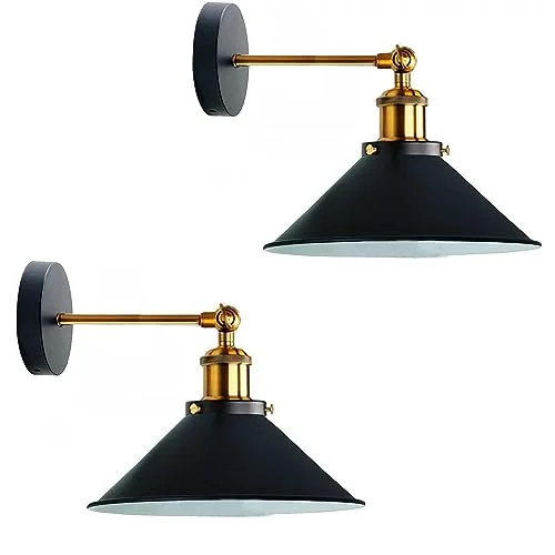 Pair of black industrial metal wall sconce LED light fixtures with sleek modern design and rectangular shades