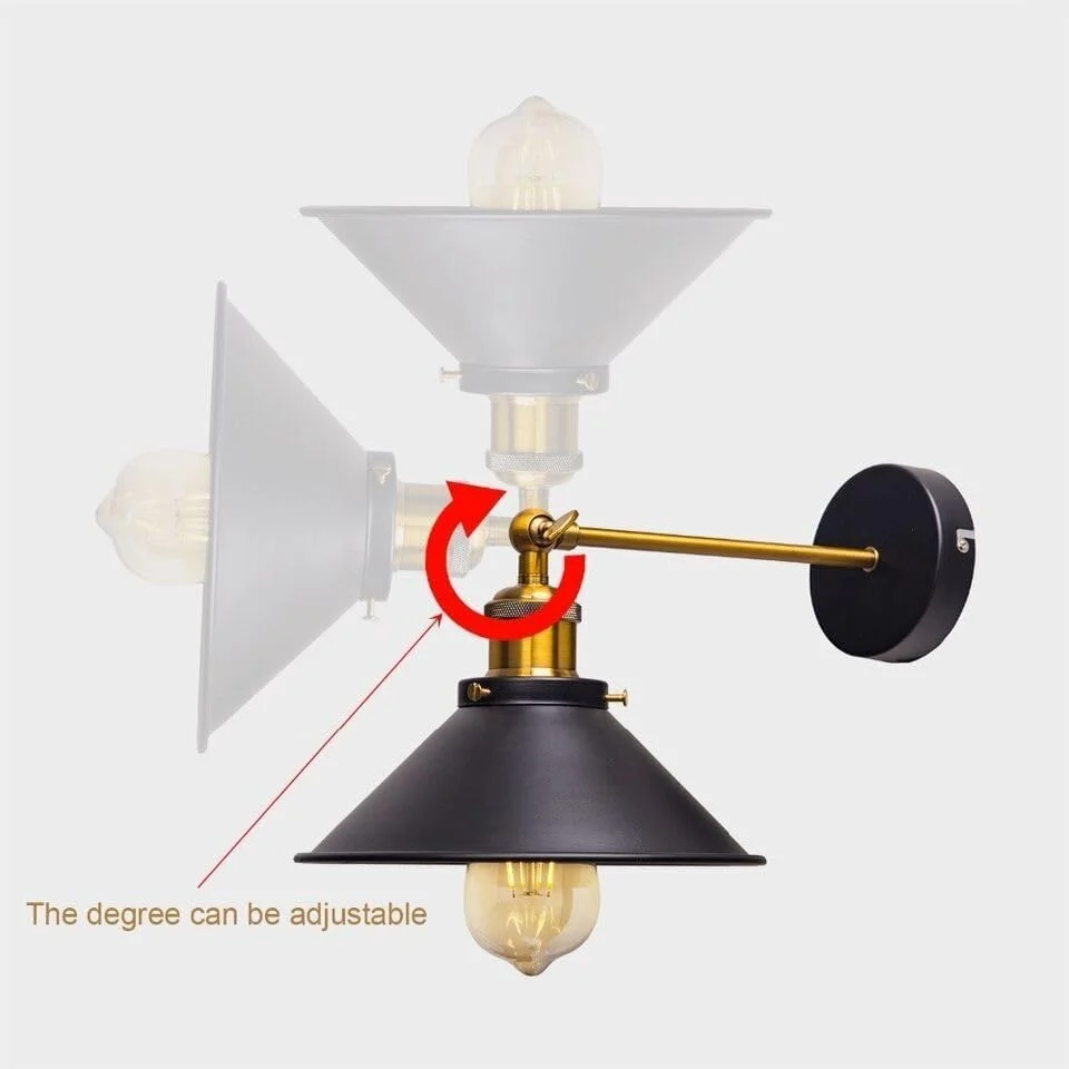 Two black industrial metal wall sconces mounted side by side, energy efficient wall lamp with LED lighting