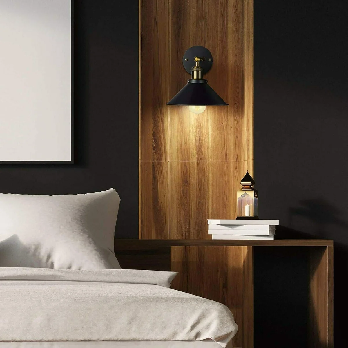 Pair of black industrial wall sconces with LED lights, sleek modern design, wall-mounted for ambient lighting in rooms