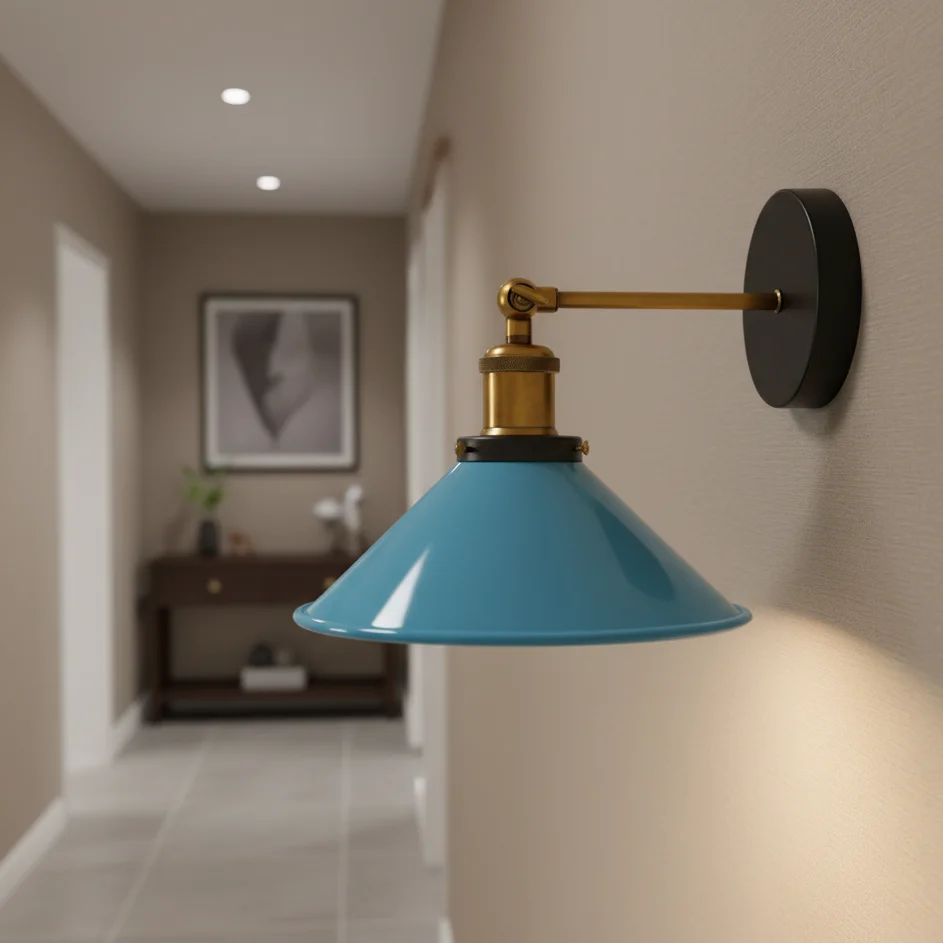 Industrial vintage adjustable wall lamp with cone-shaped metal shade and swingable arm, mounted on white wall