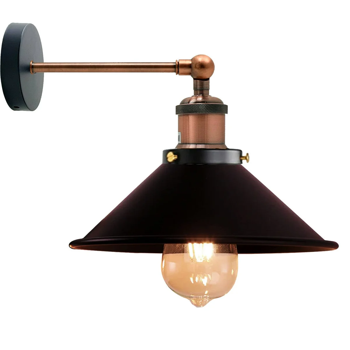 Industrial wall sconce with metal cone shade, swingable arm, and painted finish, suitable for indoor modern or traditional decor