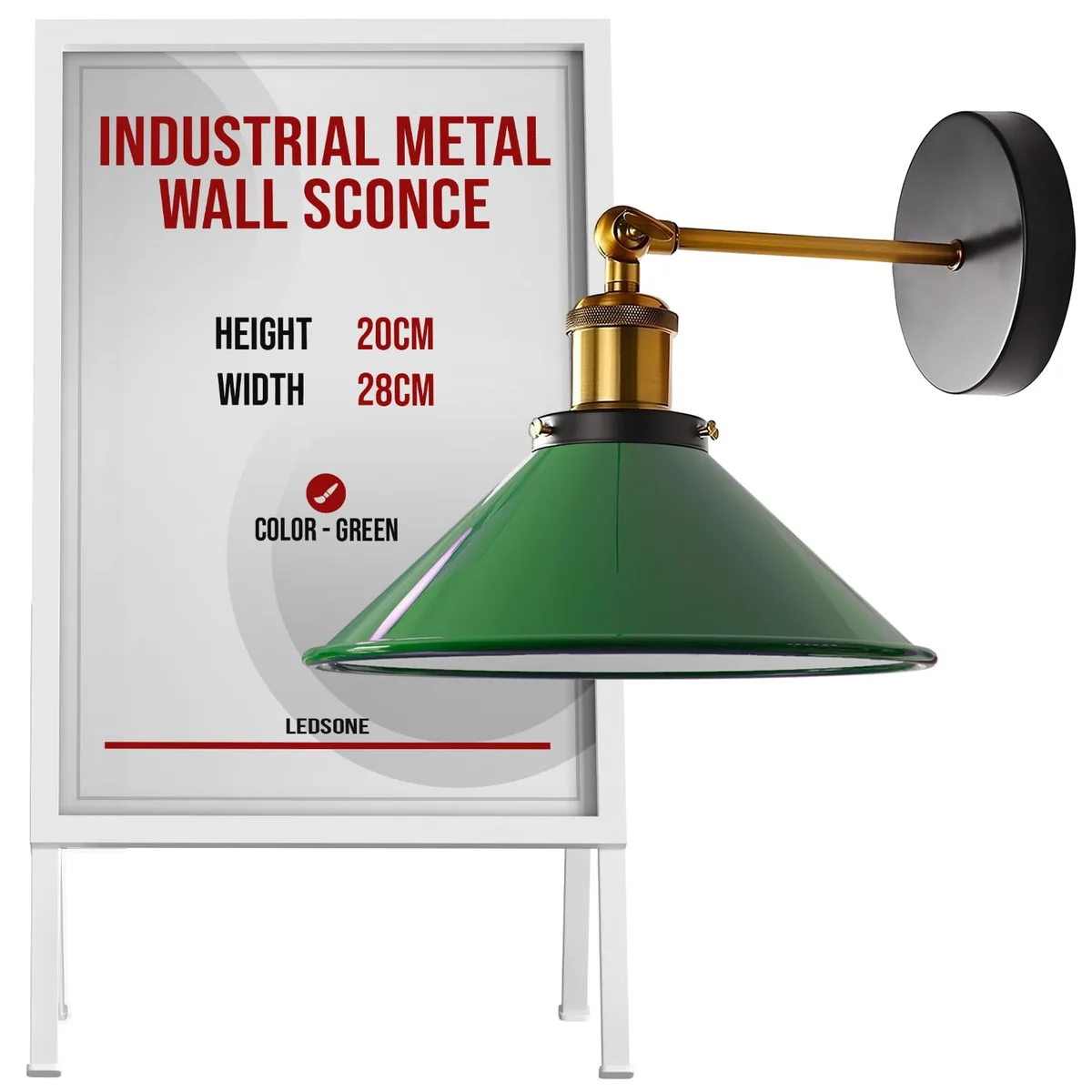 Industrial wall sconce with vintage cone-shaped metal shade and adjustable arm, painted finish, E27 lamp holder included