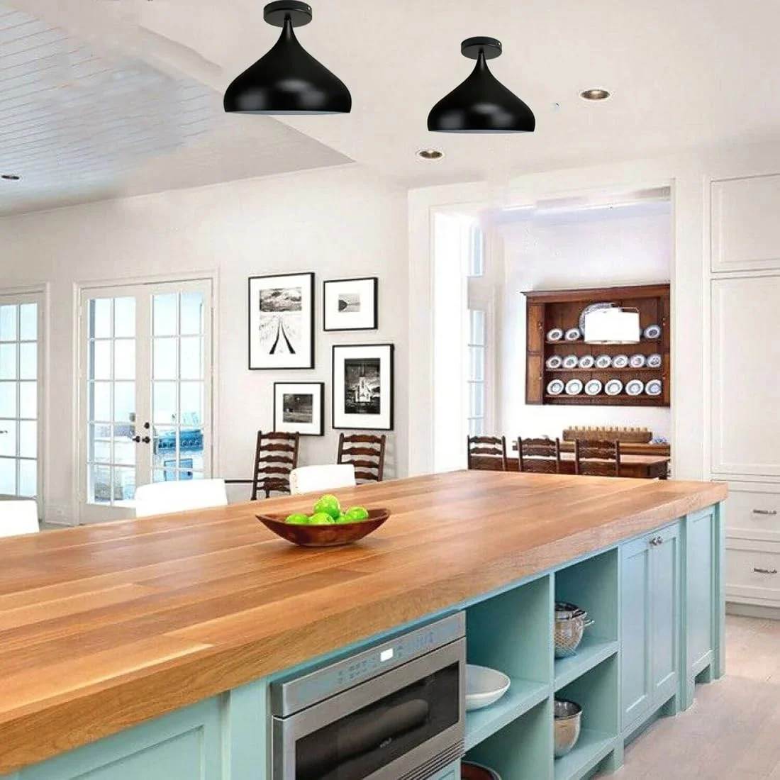 Sleek metal modern flush mount ceiling light with open bottom shade, white interior bulb, and exposed E27 socket.