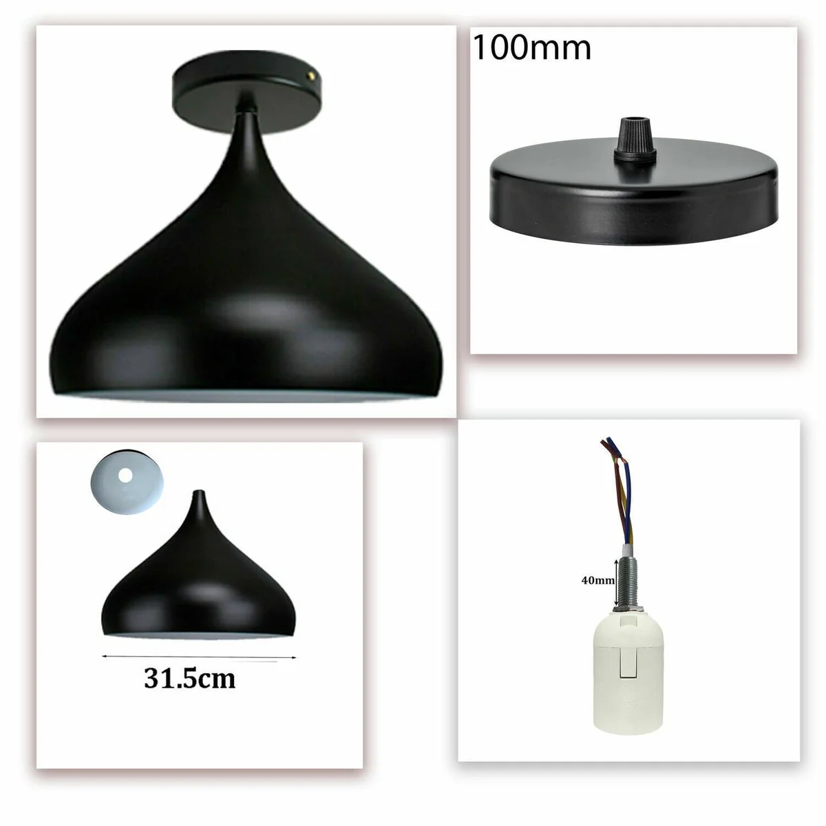 A flush‑mounted metal ceiling light with a white open‑bottom shade and exposed E27 bulb socket.