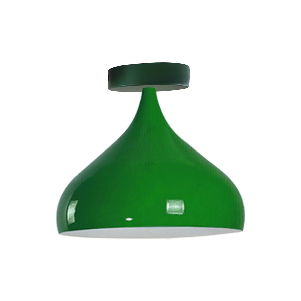 Metal modern flush mount ceiling light with large white shade and metal bottom.