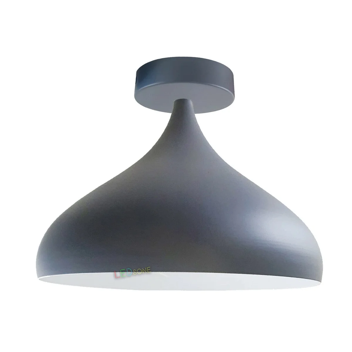 Modern flush mount ceiling light in metal finish, round 31.5 cm diameter, 21 cm tall, with exposed E27 bulb and white shade.