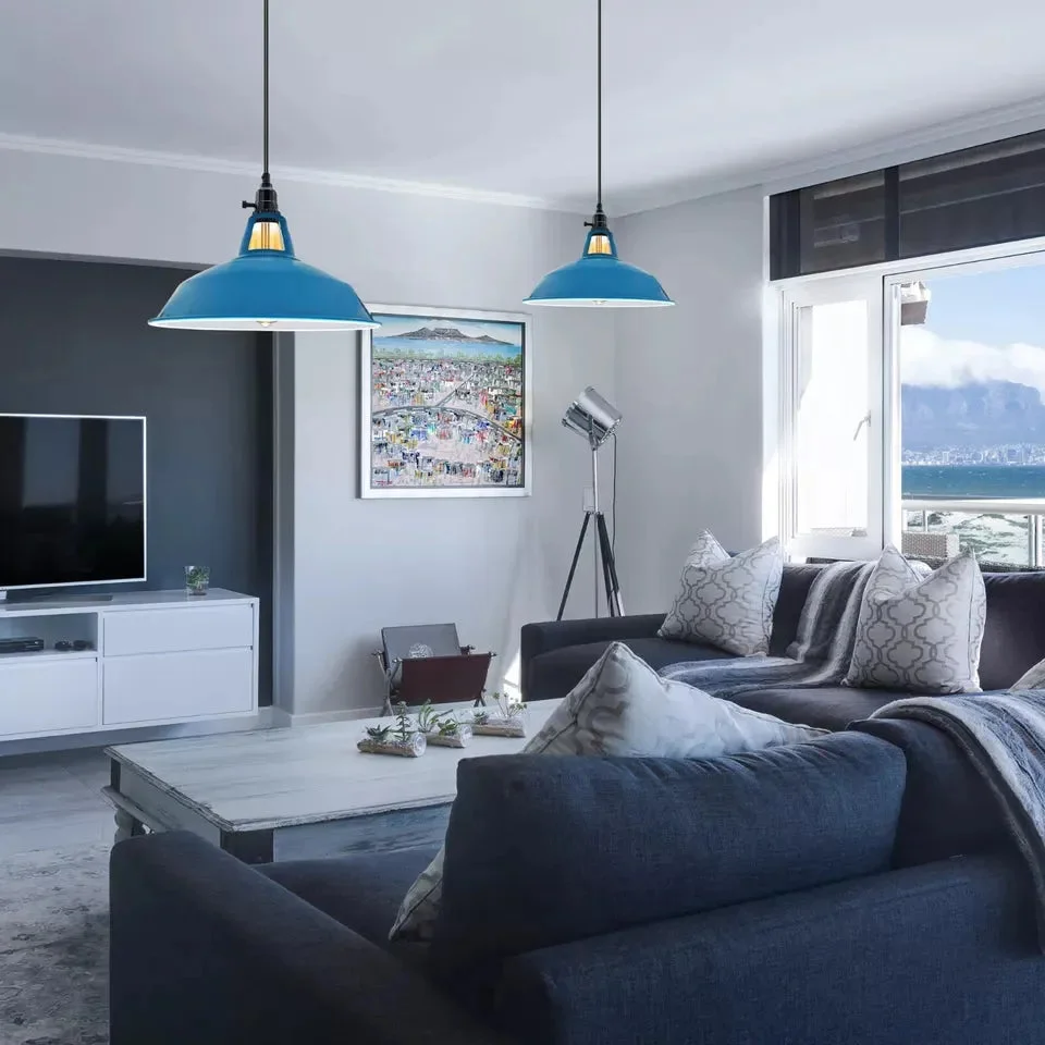 Rotary switch ceiling pendant light with five metal shades in green and yellow, vintage industrial design, brushed brass finish