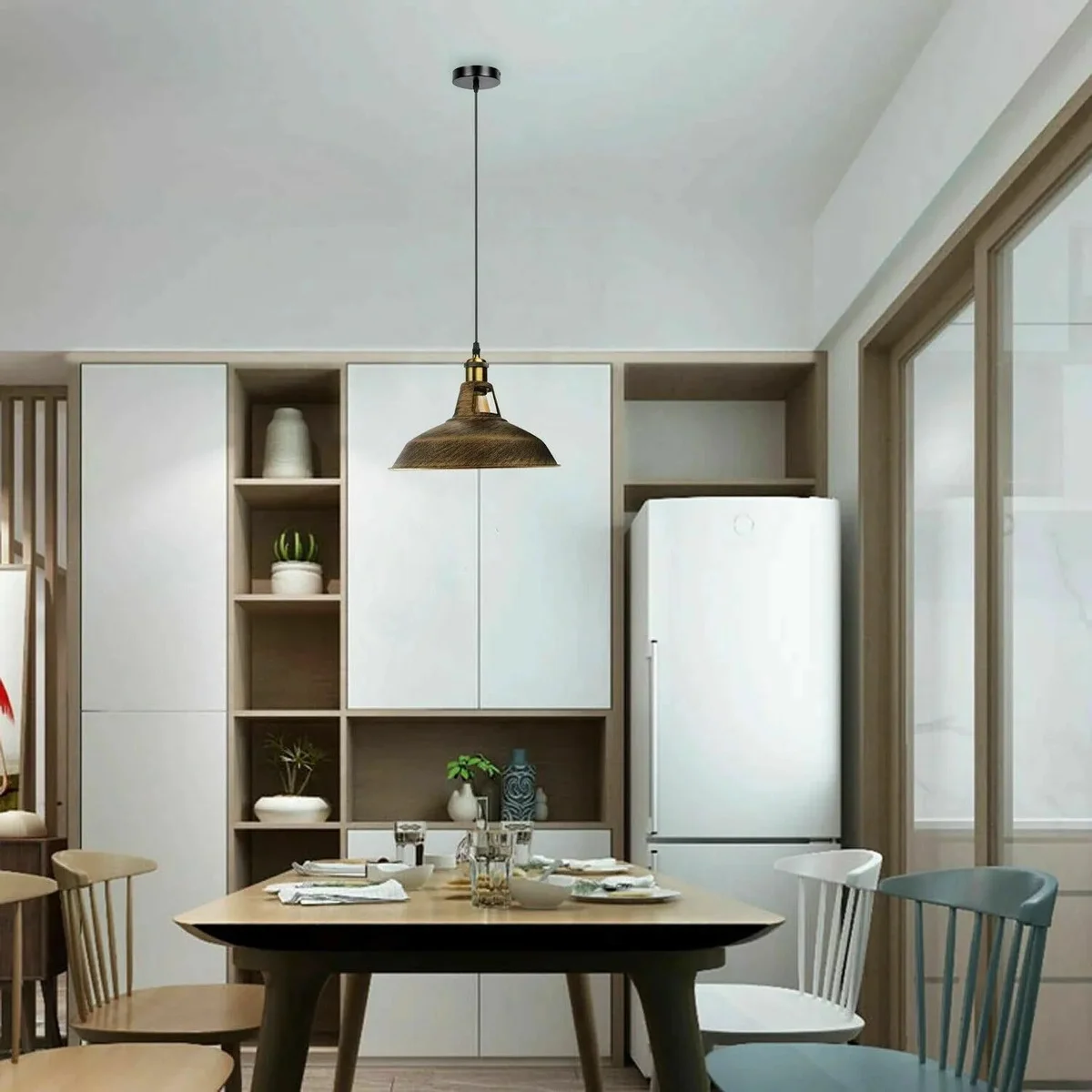 Industrial style ceiling light with five green and yellow metal shades, brushed brass finish, and vintage design details