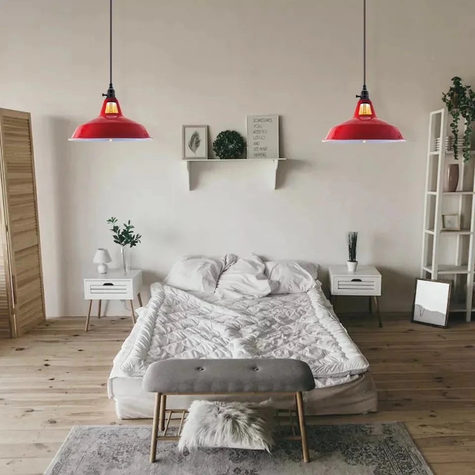 Rotary switch ceiling pendant light with green and yellow metal shades, showcasing stylish indoor pendant lighting design