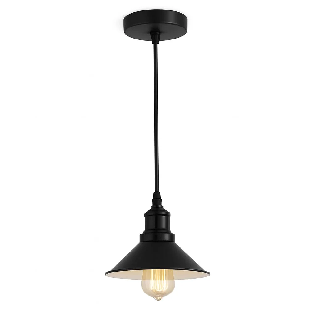 Sleek shiny black industrial pendant light with polished metal cone shade and adjustable fabric-covered cord hanging from ceiling rose