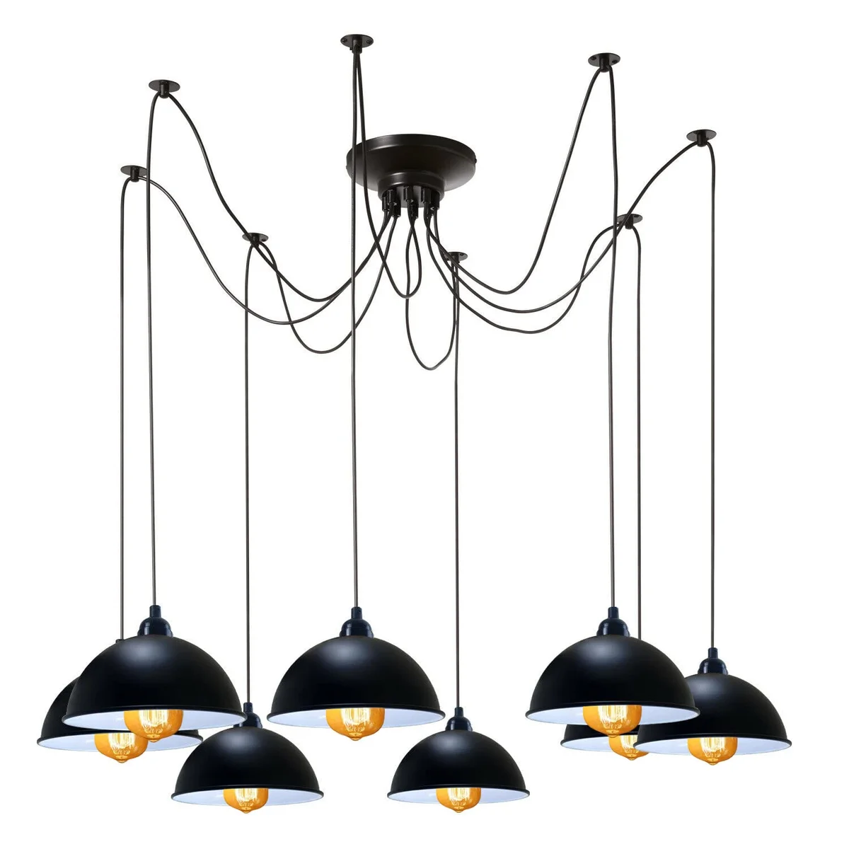 Black industrial spider pendant light with 8 adjustable cables and cone-shaped shades hanging from ceiling mount