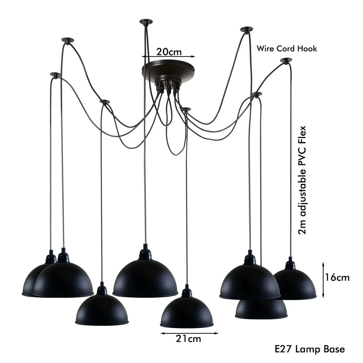 Black industrial style 8 bulb pendant light with metal cage and eight 2m adjustable hanging cables