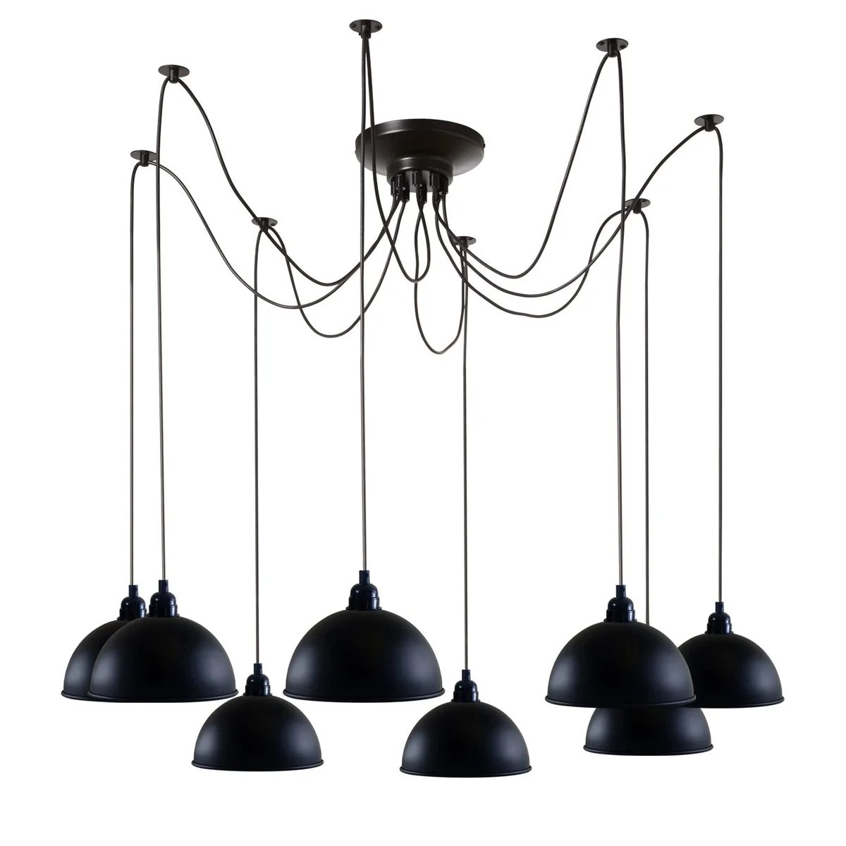 8-bulb industrial spider pendant light with adjustable hanging cables in multiple painted colors and cone-shaped shades