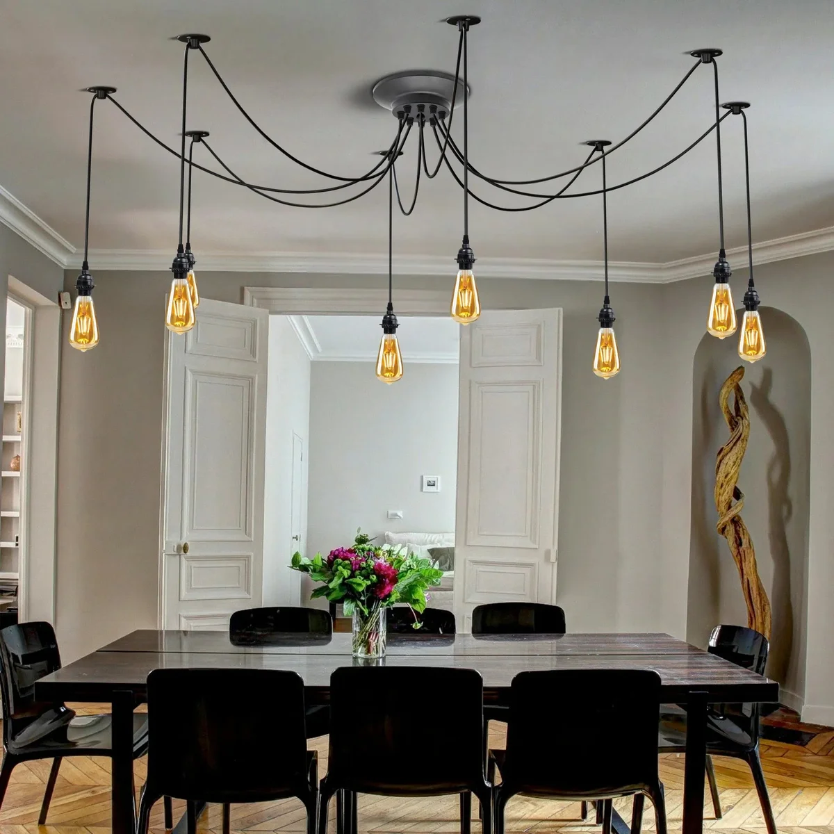 Black industrial spider chandelier with 8 adjustable arms and E27 bulb holders, vintage style pendant light