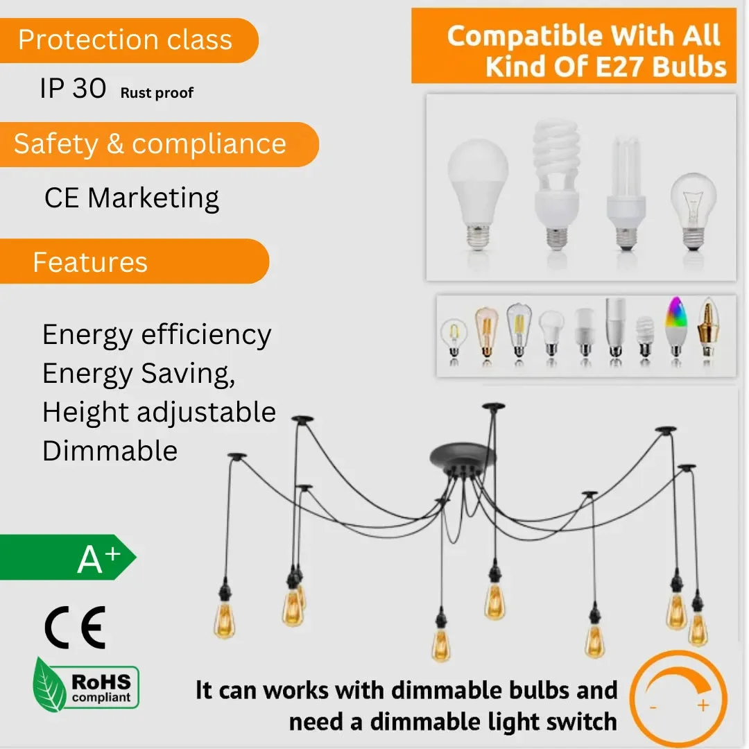 Black vintage industrial 8-way spider adjustable ceiling lamp with metal and PVC, 2m cables and round ceiling rose