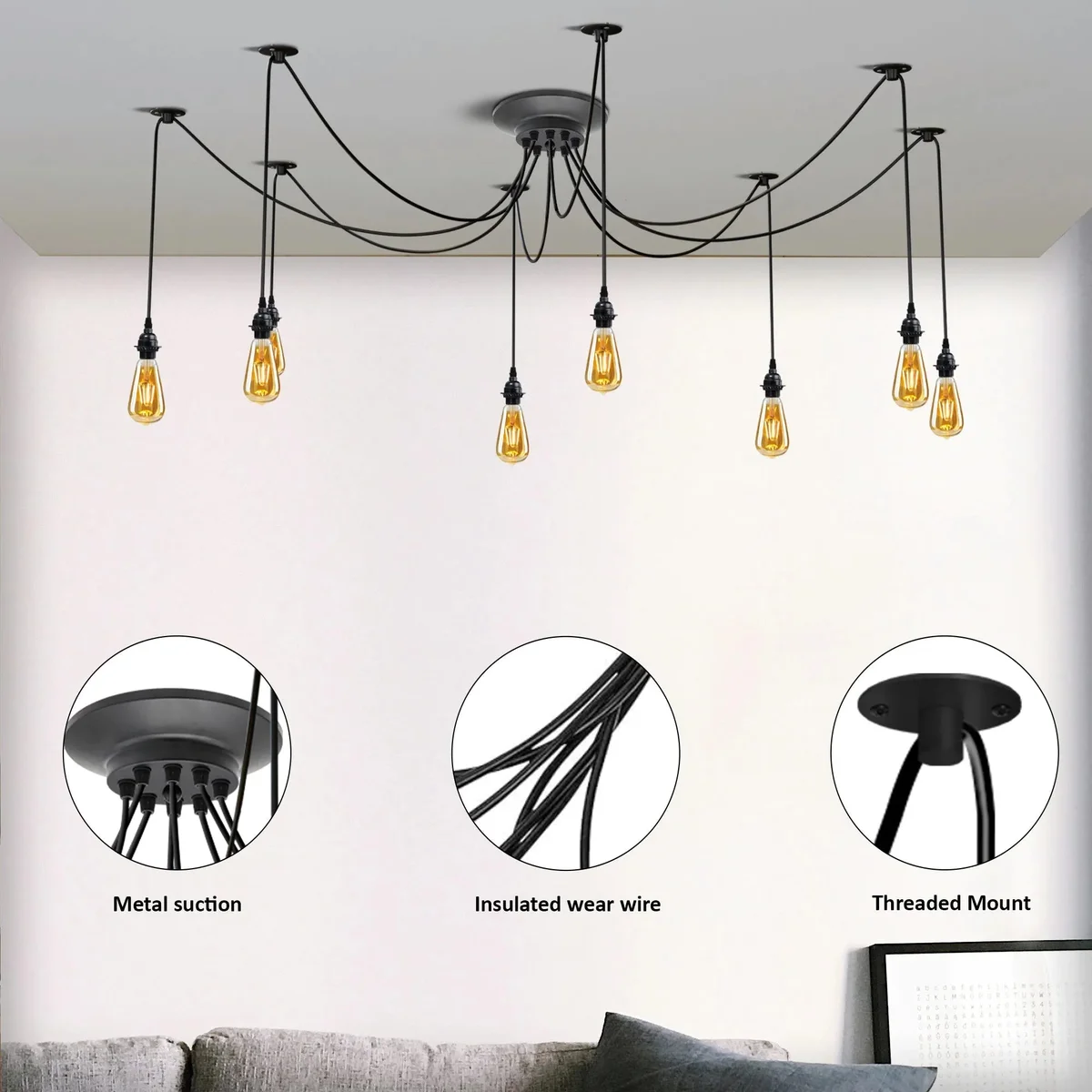 Black metal chandelier with 8 adjustable arms, round ceiling rose, and exposed E27 bulb holders hanging indoors