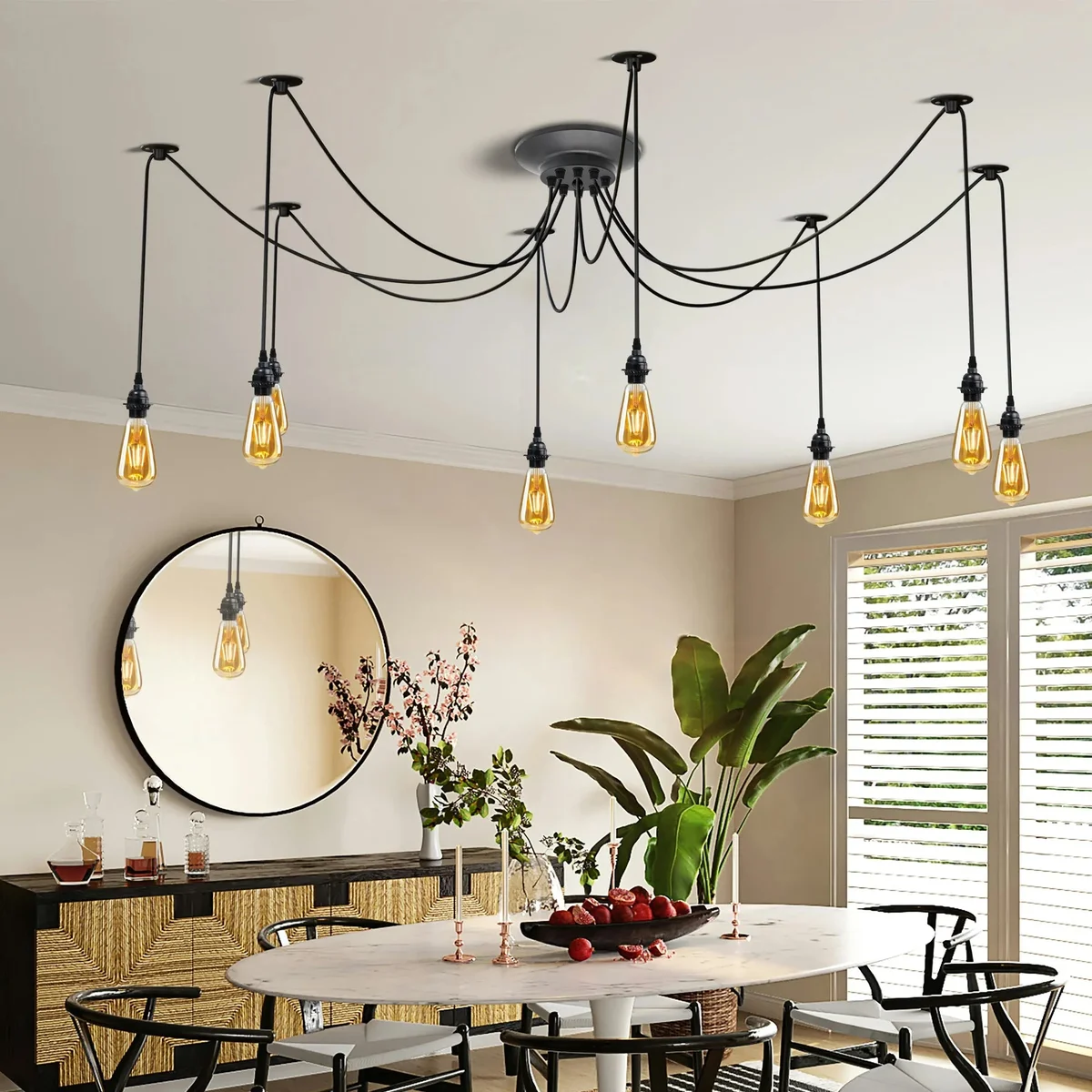 Black industrial 8-way spider chandelier with adjustable 2m cables and E27 bulb chandelier holders on ceiling mount