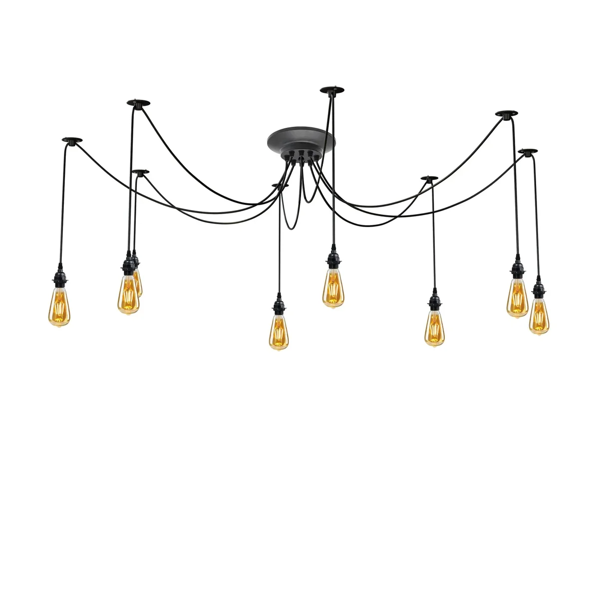 Black vintage industrial 8-way spider chandelier with adjustable 2m cables, energy efficient pendant lighting for indoor use