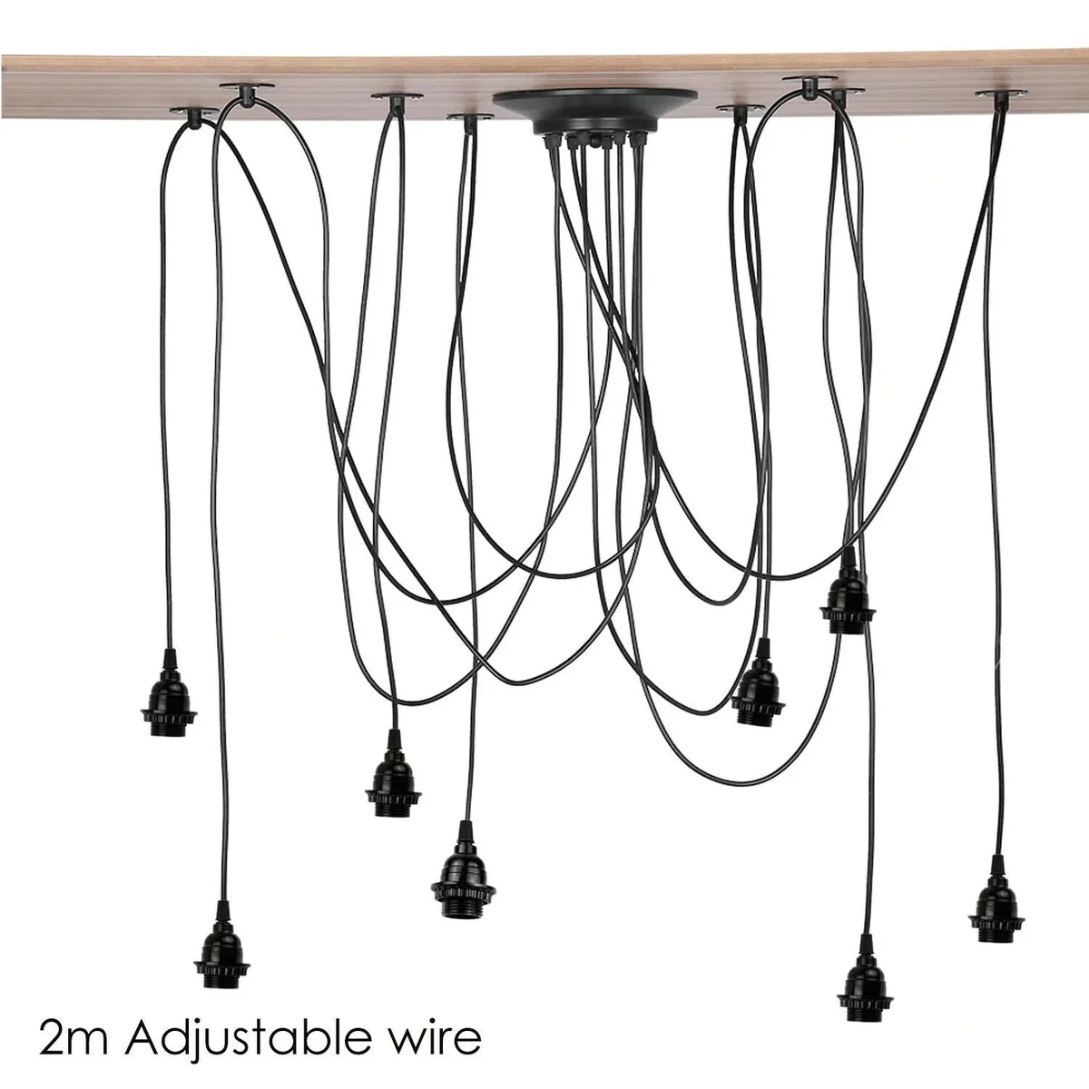 Black industrial spider chandelier with 8 adjustable arms and E27 bulb holders hanging from ceiling mount