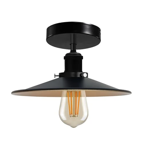 Modern semi‑flush mount industrial ceiling light in metal, vintage style, round housing, wiring visible