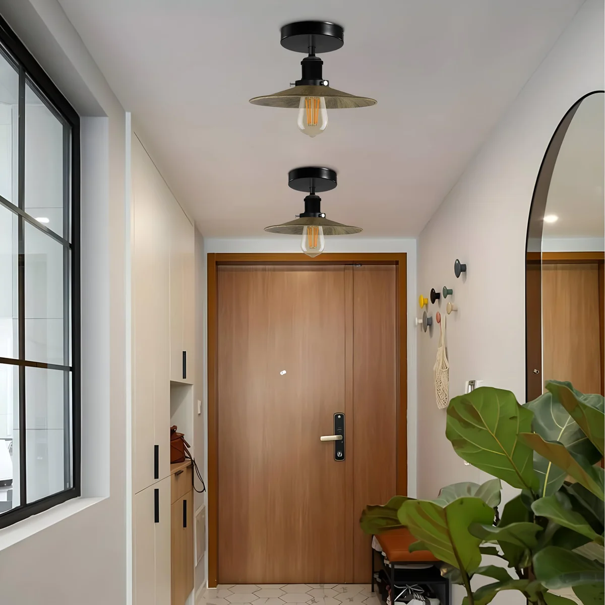 vintage ceiling light with metal semi‑flush mount, round metal base and plain LED holder, mounted on a ceiling.