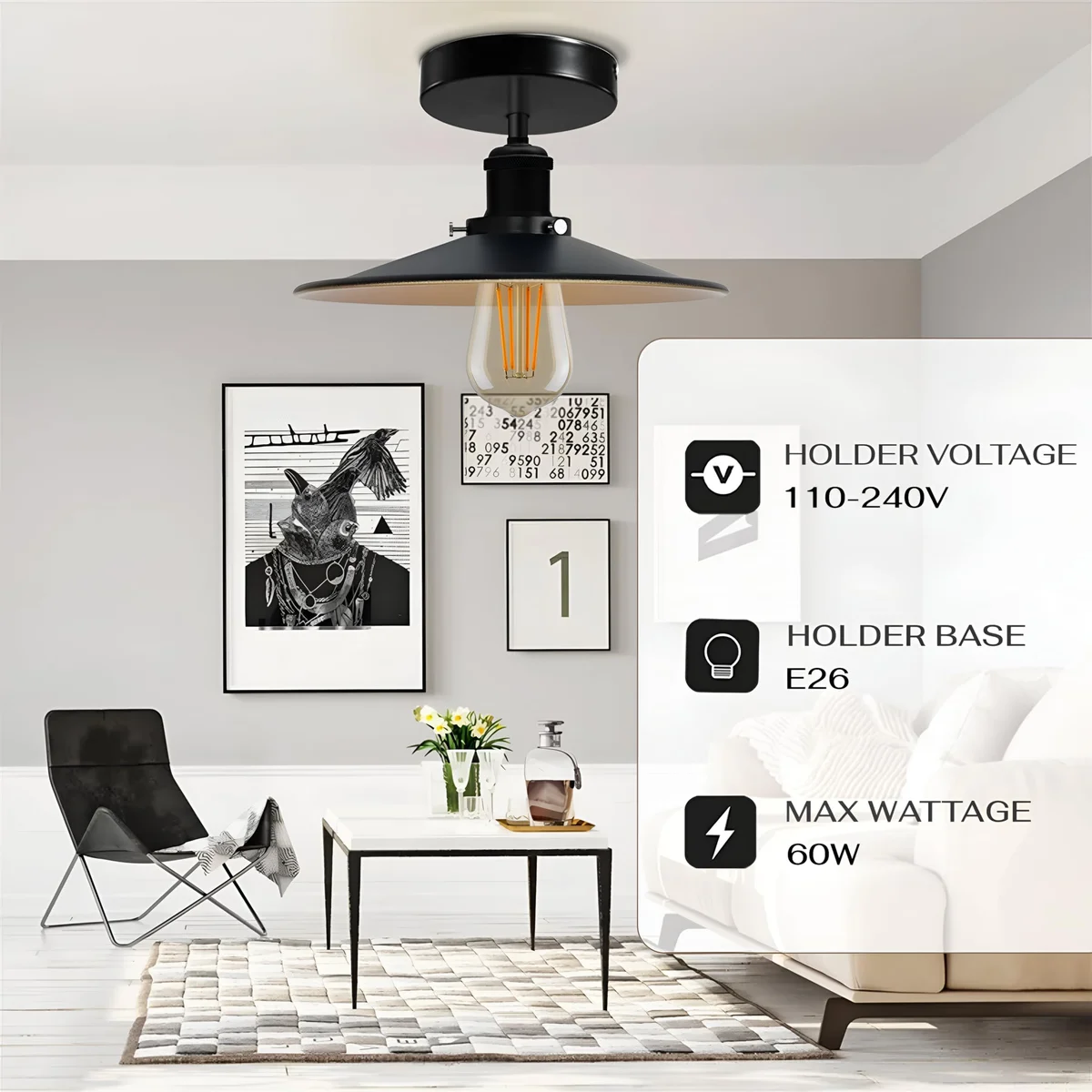 Modern semi-flush mounted industrial ceiling light in metal with vintage design, mounting kit and lampshade, soft warm glow