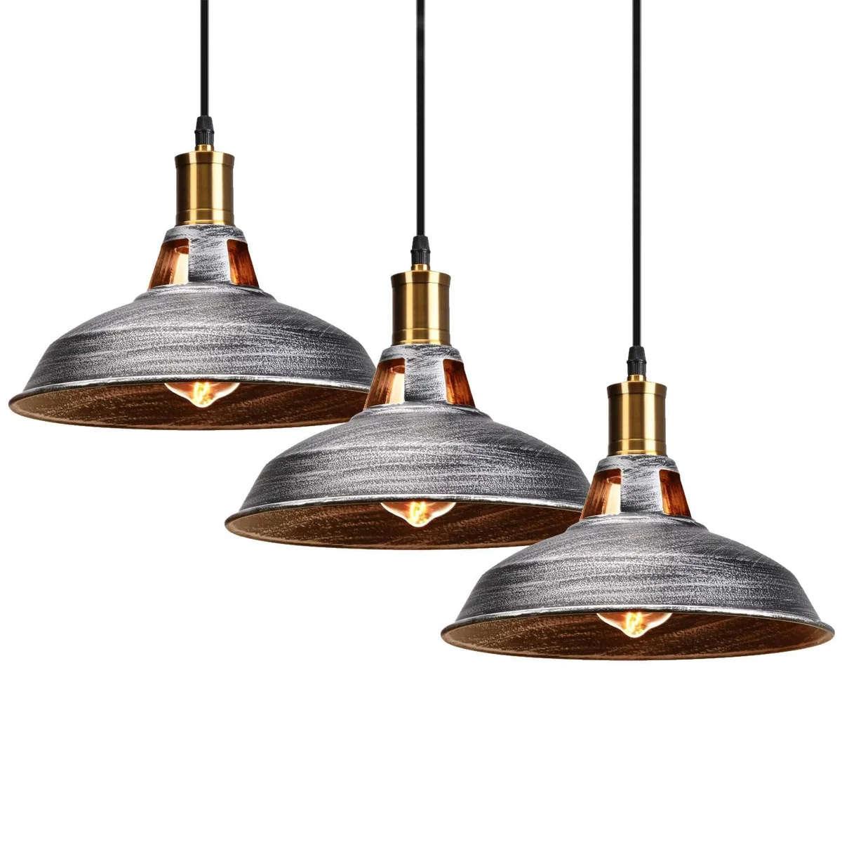 Three black metal industrial pendant lights with dome shades hanging from adjustable cables against a white background