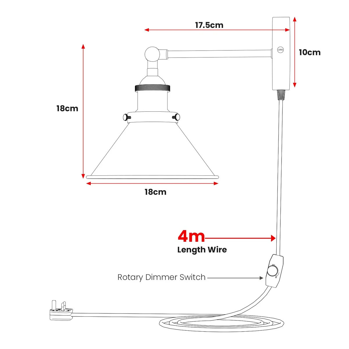 Matte black industrial plug-in wall light with adjustable swivel arm and cone-shaped shade, showing dimmer switch and cord details